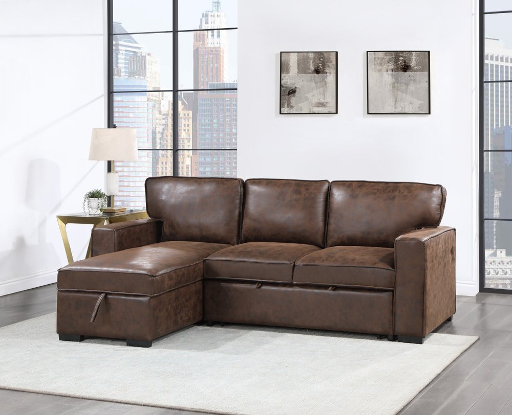 92" Brown Faux Leather Sleeper Sofa with Chaise