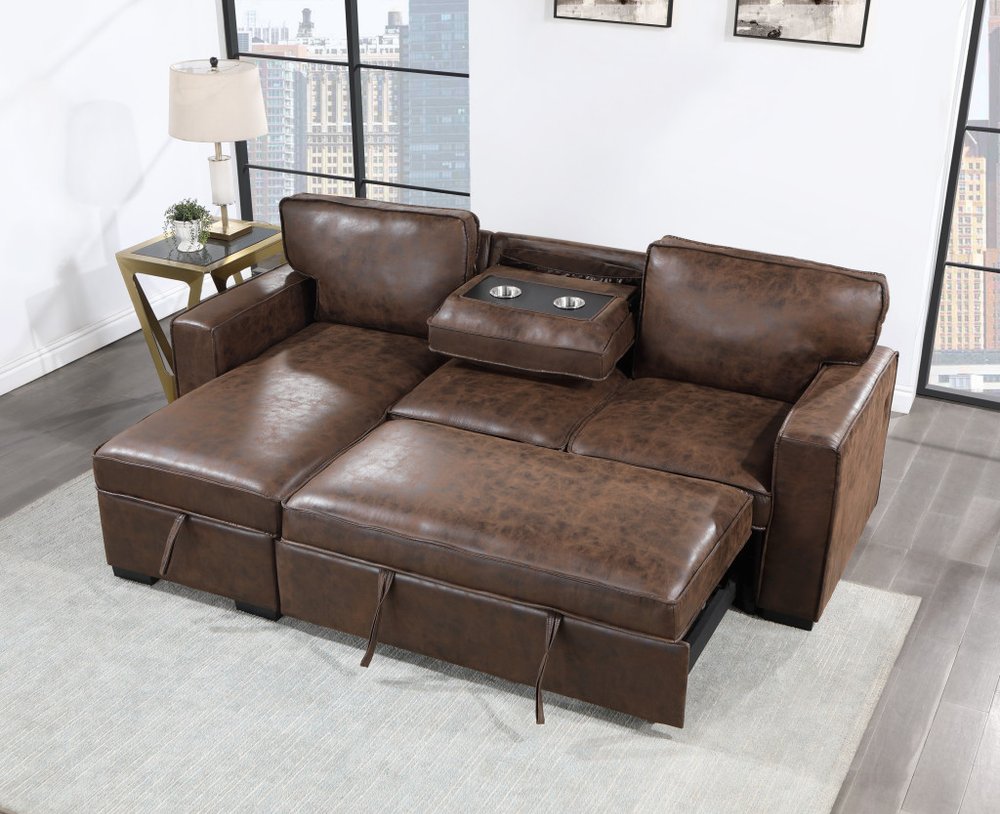92" Brown Faux Leather Sleeper Sofa with Chaise