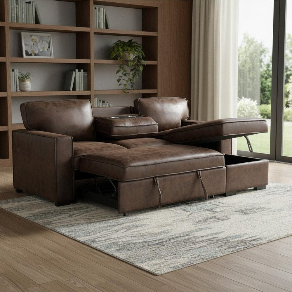 92" Brown Faux Leather Sleeper Sofa with Chaise