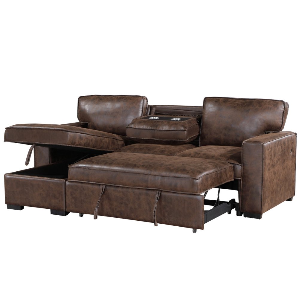 92" Brown Faux Leather Sleeper Sofa with Chaise