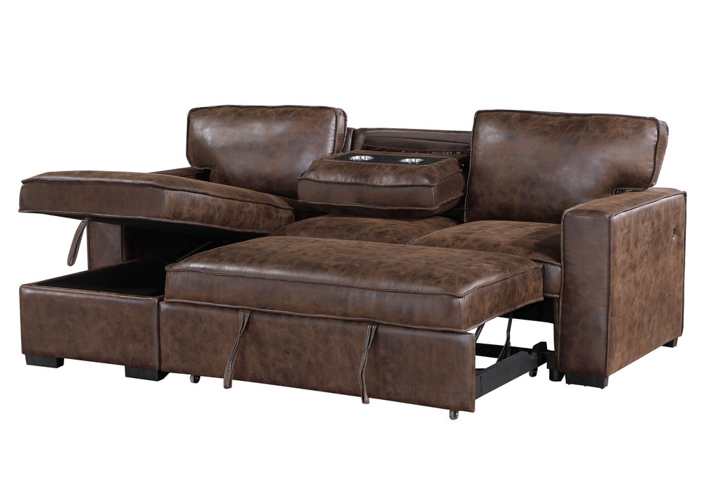 92" Brown Faux Leather Sleeper Sofa with Chaise