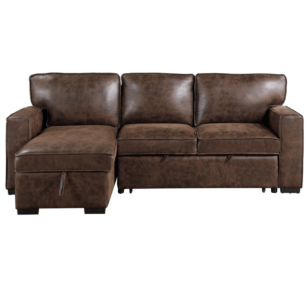 92" Brown Faux Leather Sleeper Sofa with Chaise
