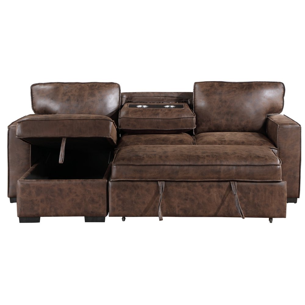 92" Brown Faux Leather Sleeper Sofa with Chaise