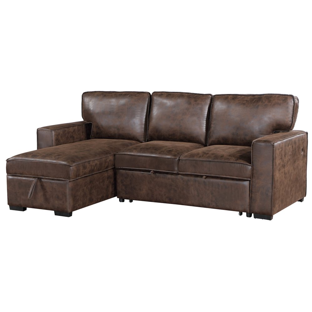 92" Brown Faux Leather Sleeper Sofa with Chaise