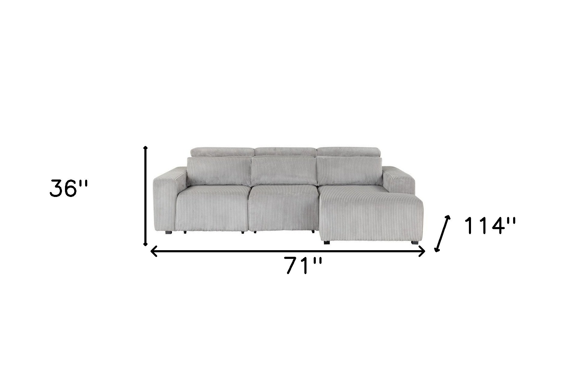 114" LAF/RAF 3-Seat Light Gray Corduroy Power Sectional