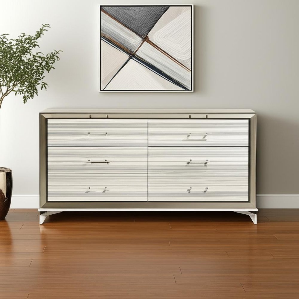 64" White and Silver Wood and Metal Dresser