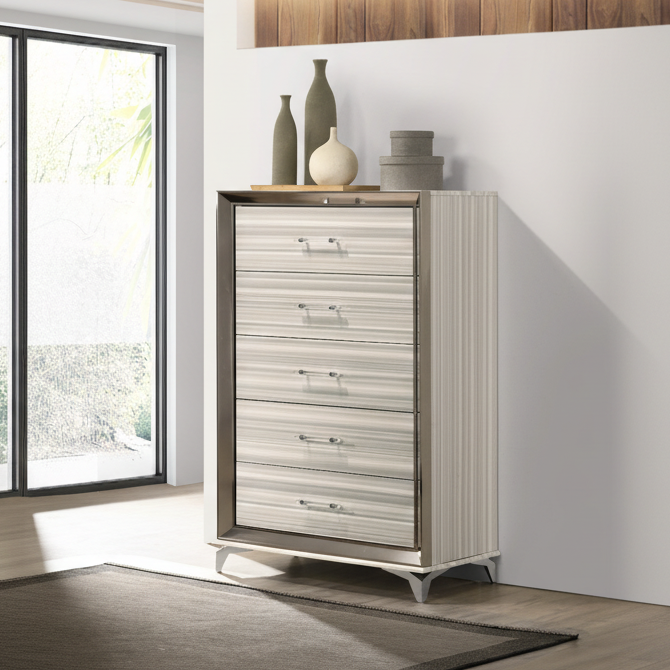 53" White and Silver Wood and Metal Vertical Dresser