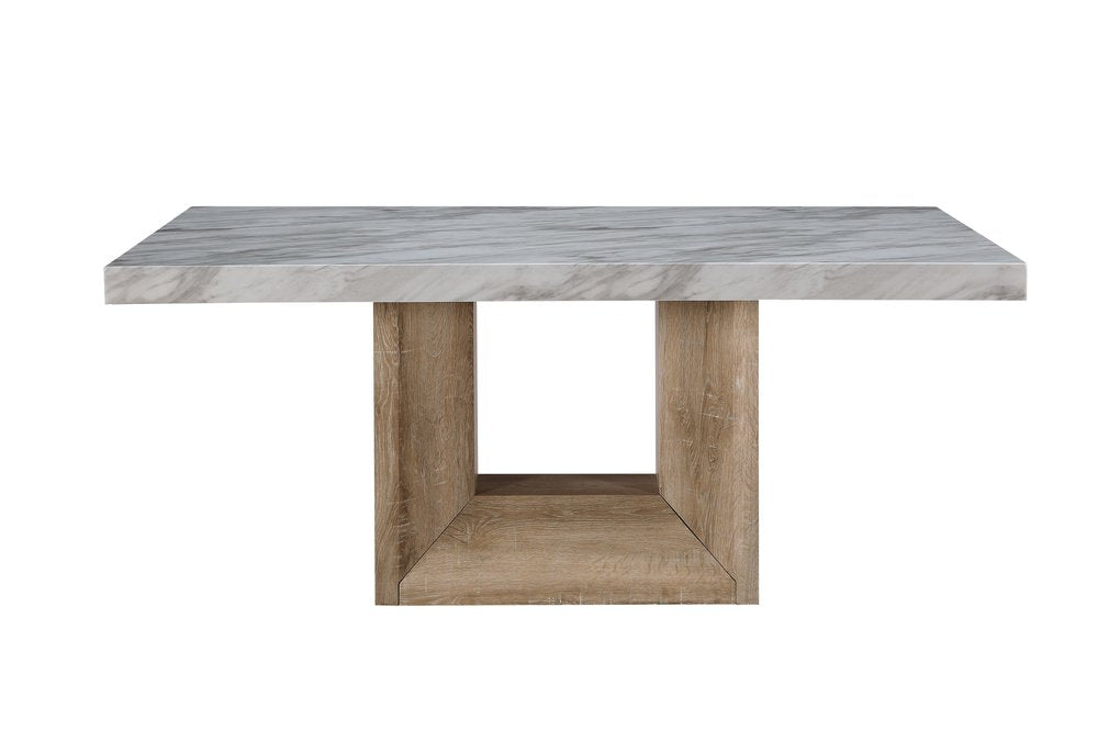 70" White and Brown Faux Marble and Wood Pedestal Dining Table