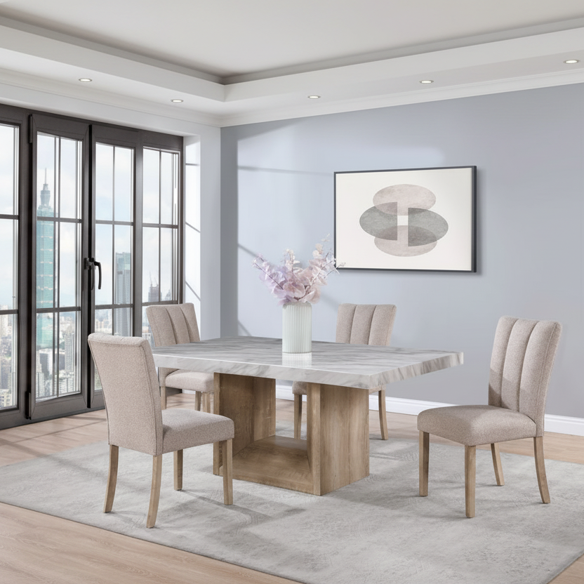70" White and Brown Faux Marble and Wood Pedestal Dining Table