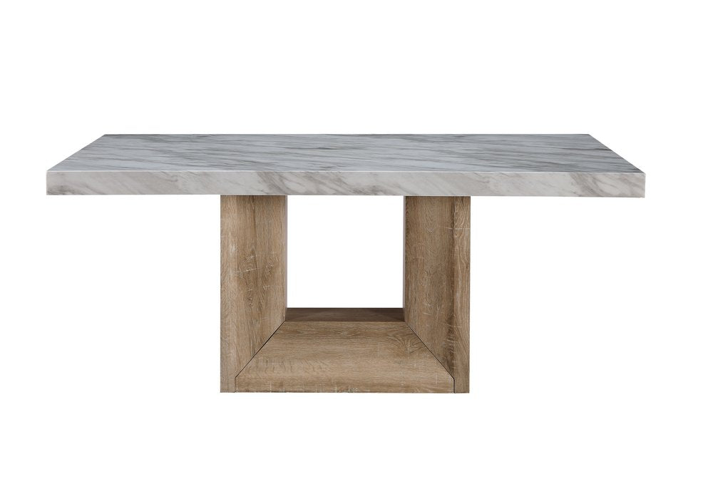 70" White and Brown Faux Marble and Wood Pedestal Dining Table
