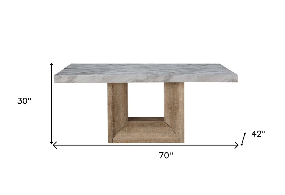 70" White and Brown Faux Marble and Wood Pedestal Dining Table