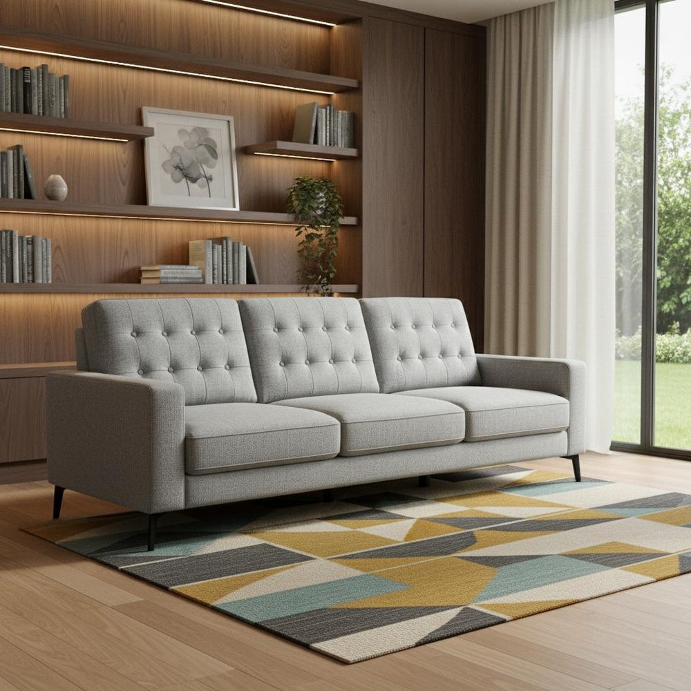 87" Gray Button Tufted Mid-Century Sofa