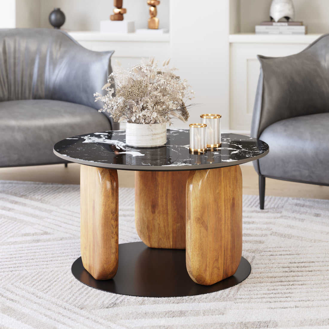 30" Black and Brown Marble and Wood Round Coffee Table
