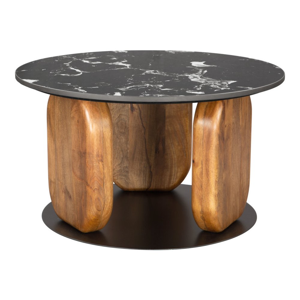30" Black and Brown Marble and Wood Round Coffee Table
