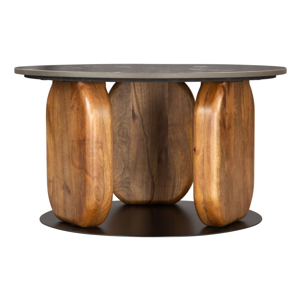 30" Black and Brown Marble and Wood Round Coffee Table