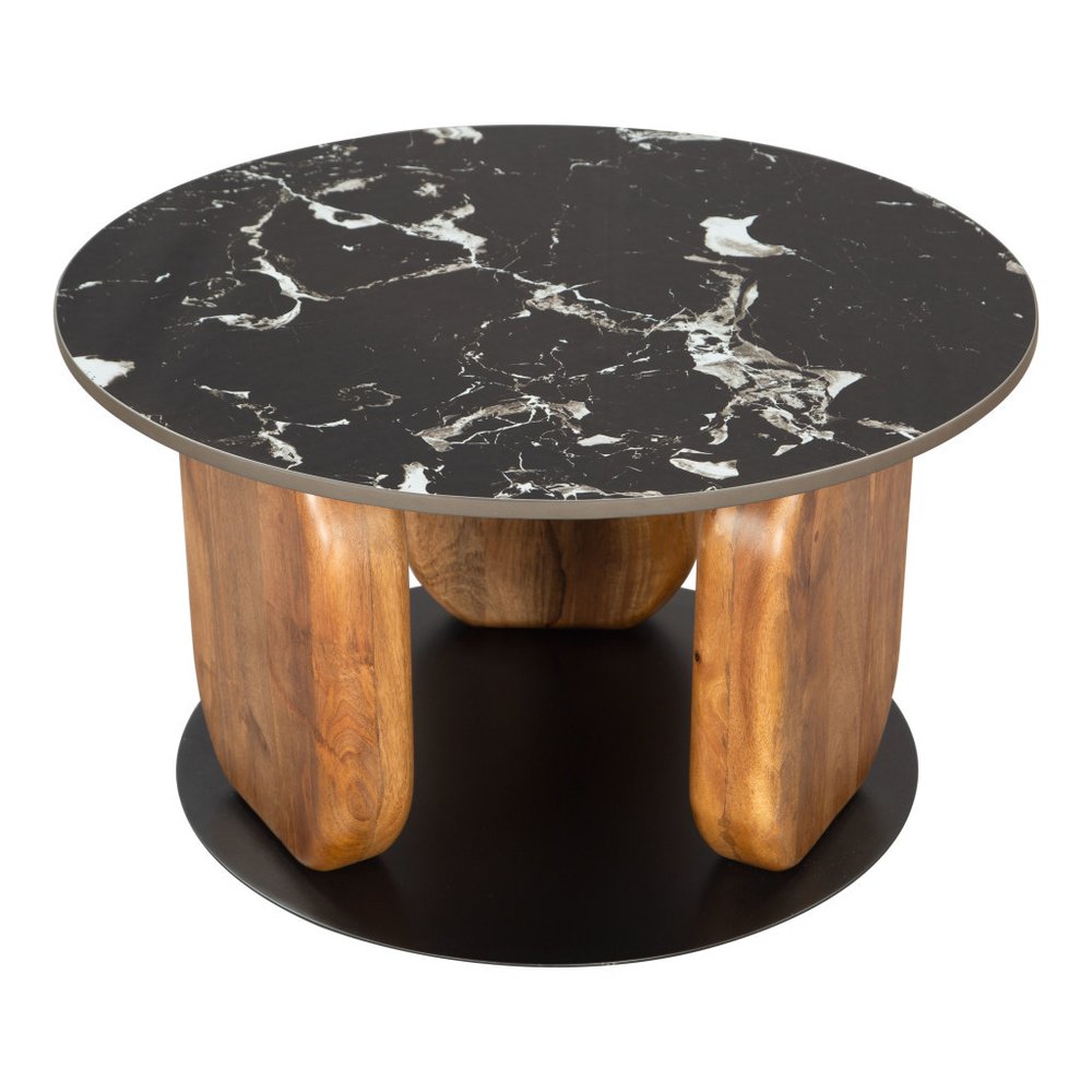 30" Black and Brown Marble and Wood Round Coffee Table