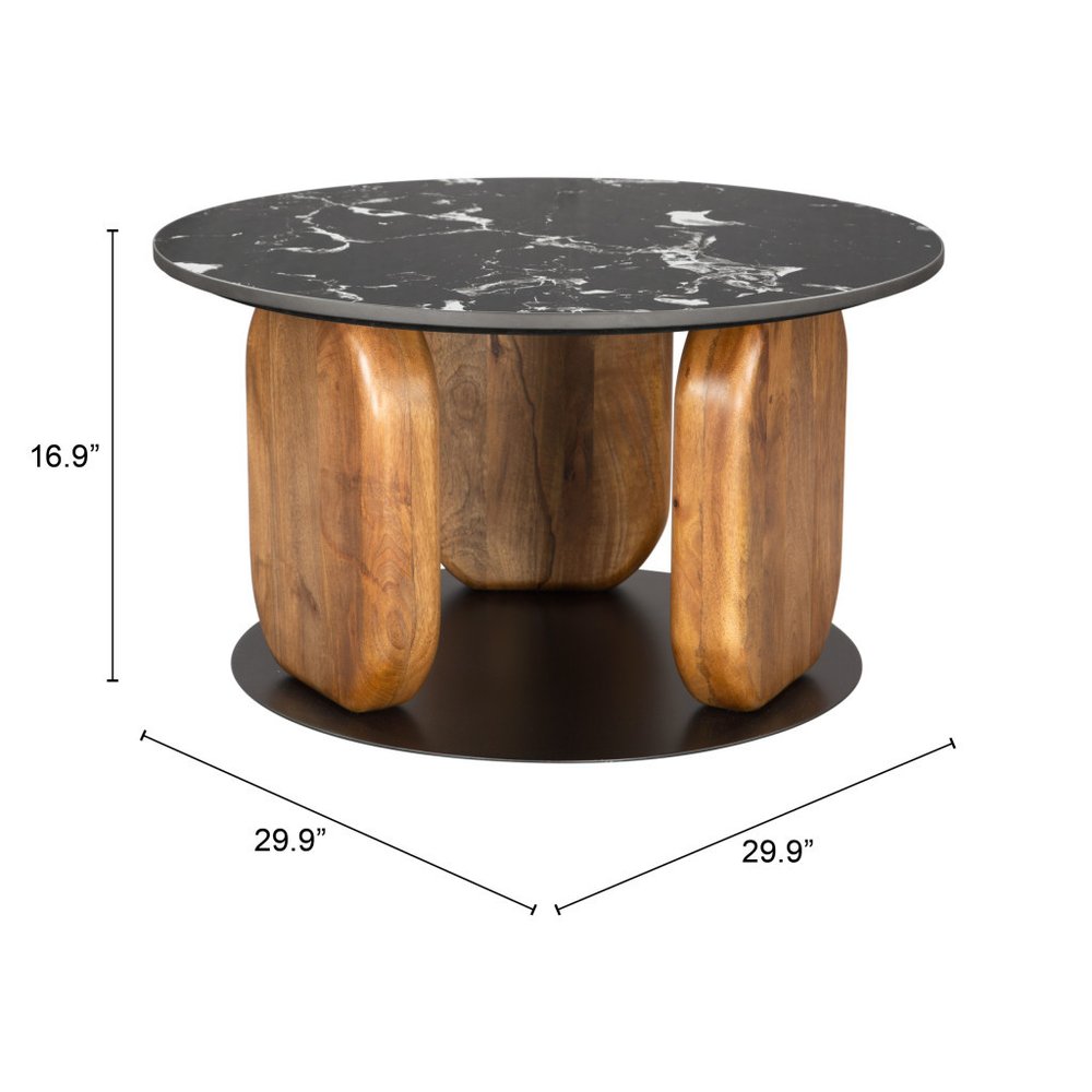 30" Black and Brown Marble and Wood Round Coffee Table