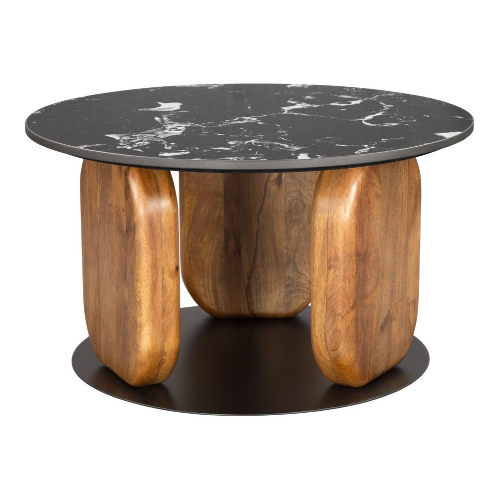 30" Black and Brown Marble and Wood Round Coffee Table