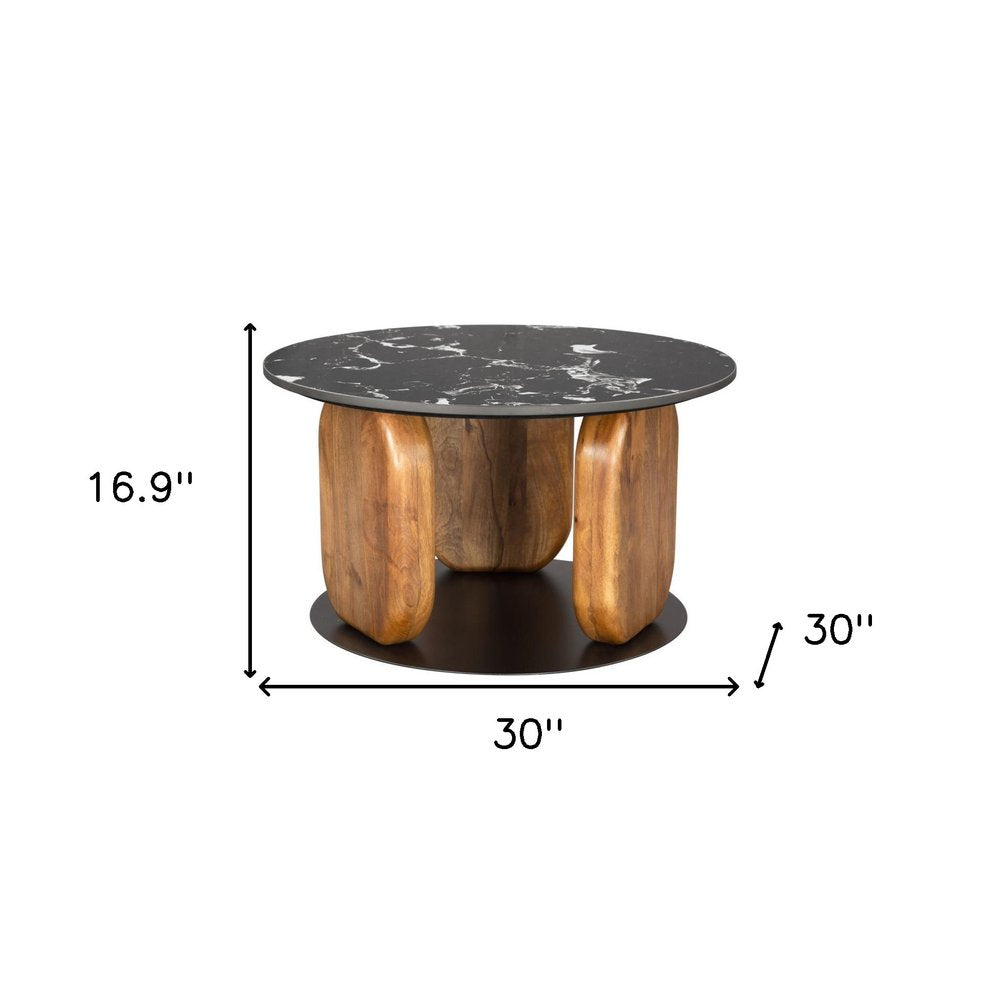 30" Black and Brown Marble and Wood Round Coffee Table