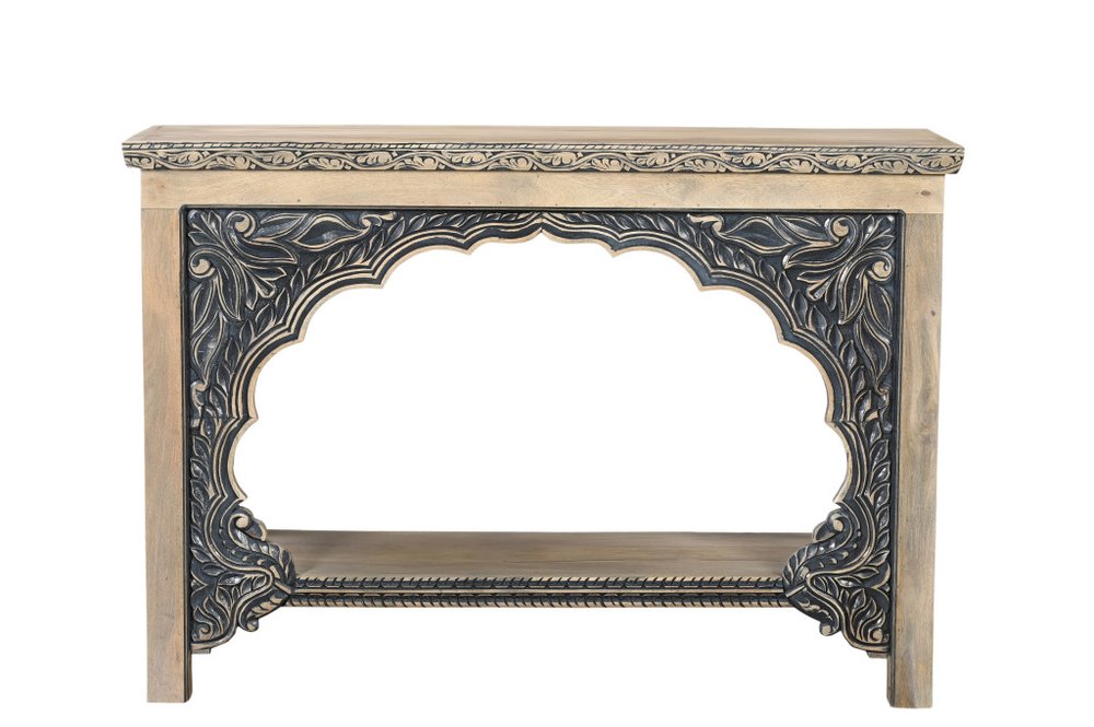 56" Natural Carved Scrollwork Wood Console Table