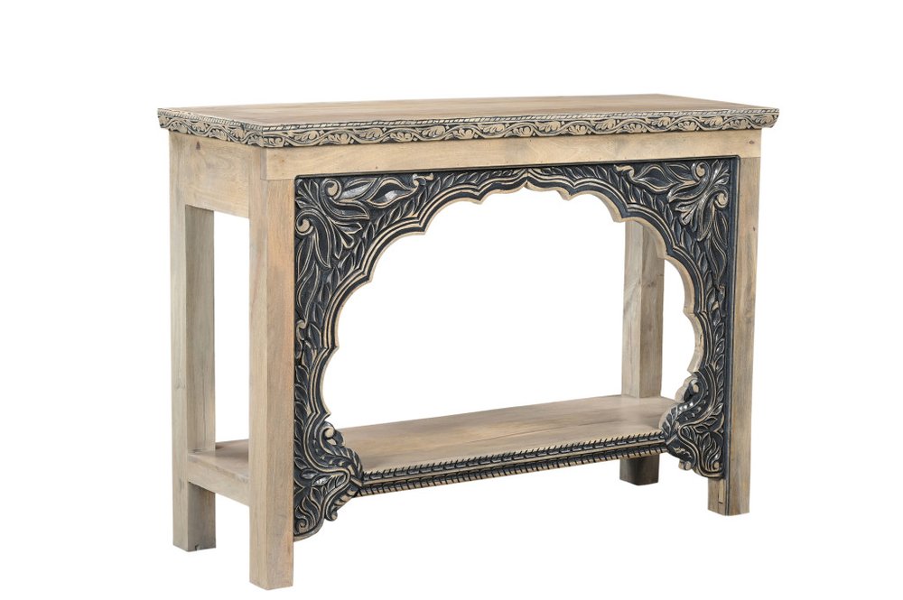 56" Natural Carved Scrollwork Wood Console Table