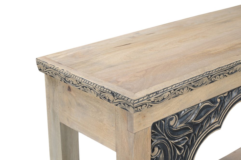 56" Natural Carved Scrollwork Wood Console Table
