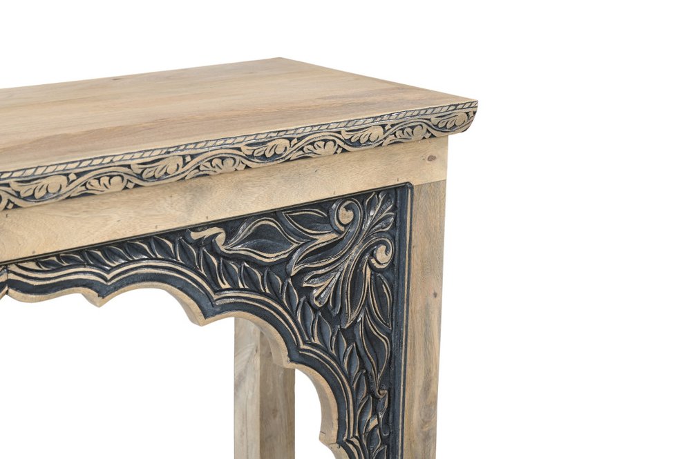 56" Natural Carved Scrollwork Wood Console Table