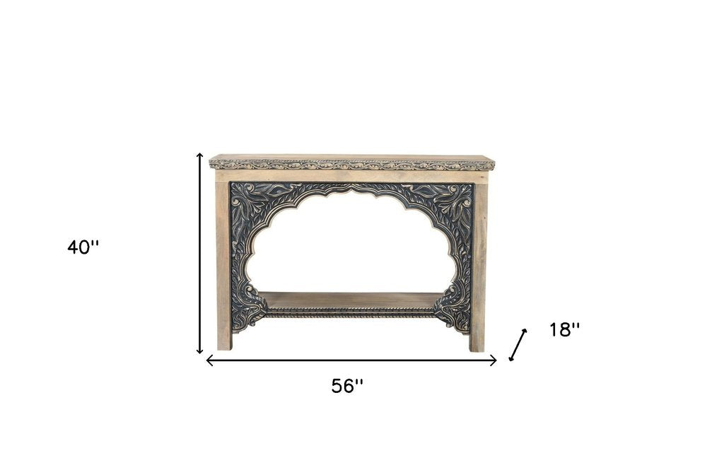 56" Natural Carved Scrollwork Wood Console Table