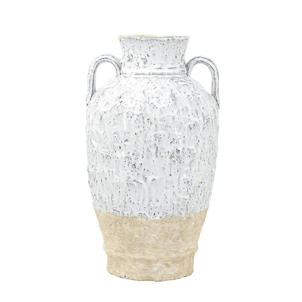 16" White and Beige Terracotta Amphora Vase