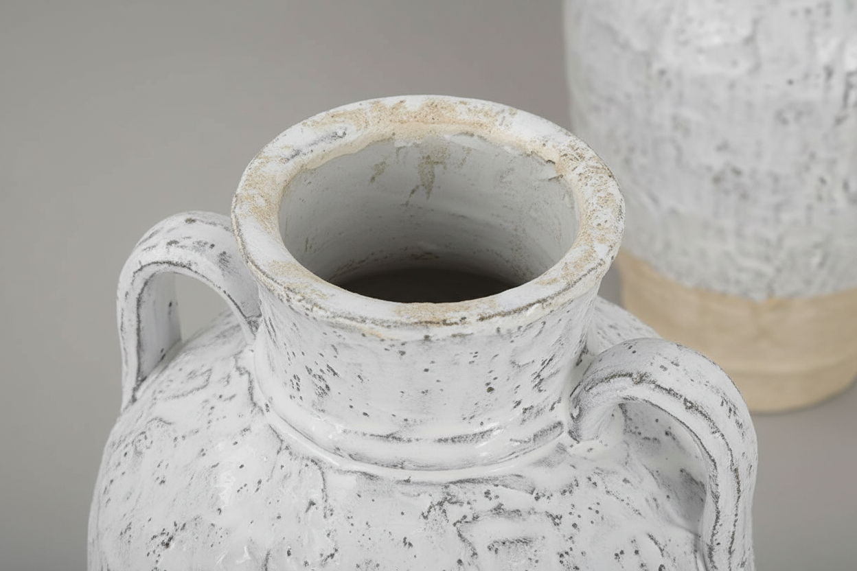 16" White and Beige Terracotta Amphora Vase