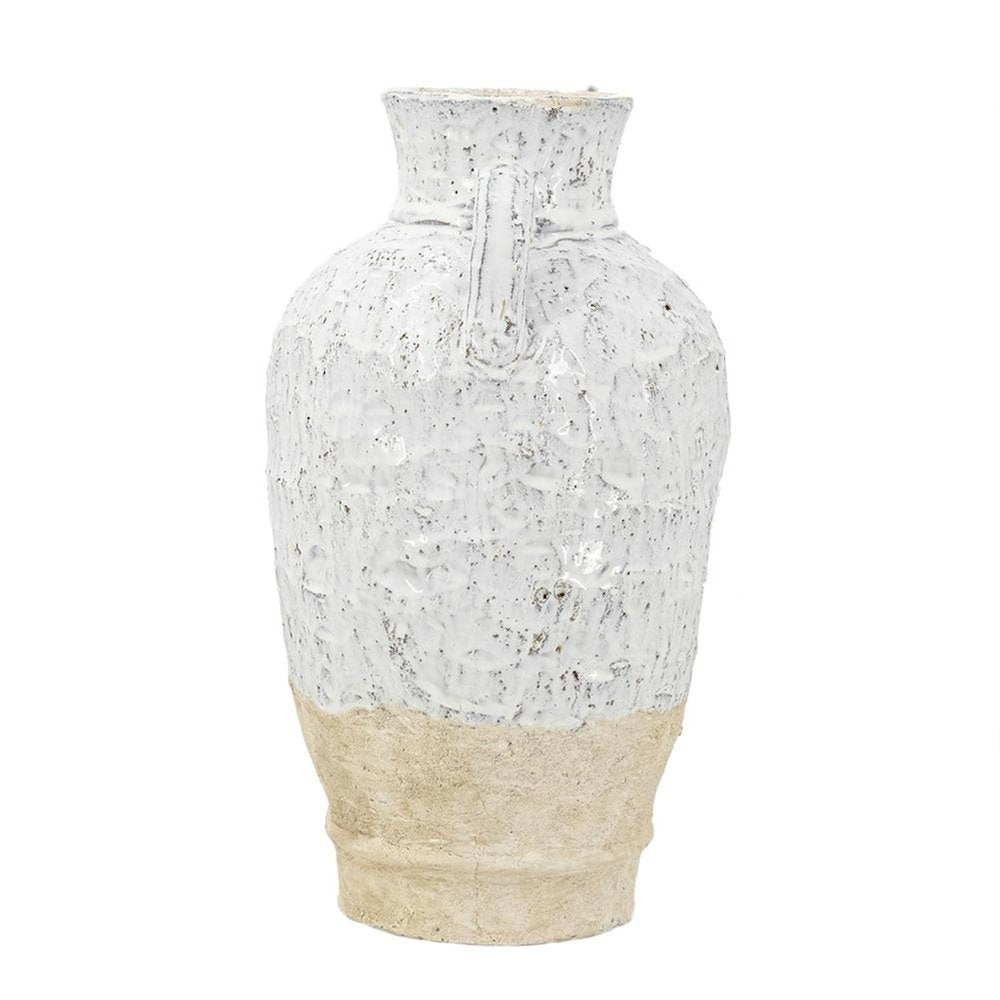 16" White and Beige Terracotta Amphora Vase