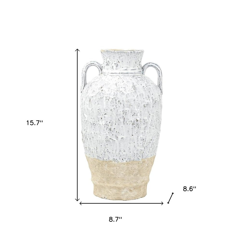 16" White and Beige Terracotta Amphora Vase