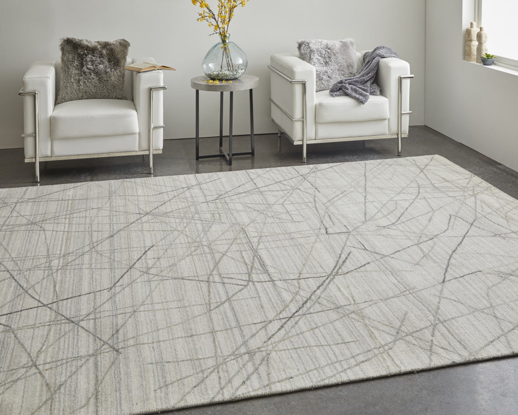 White and Gray Scribble Lines Geometric Area Rug