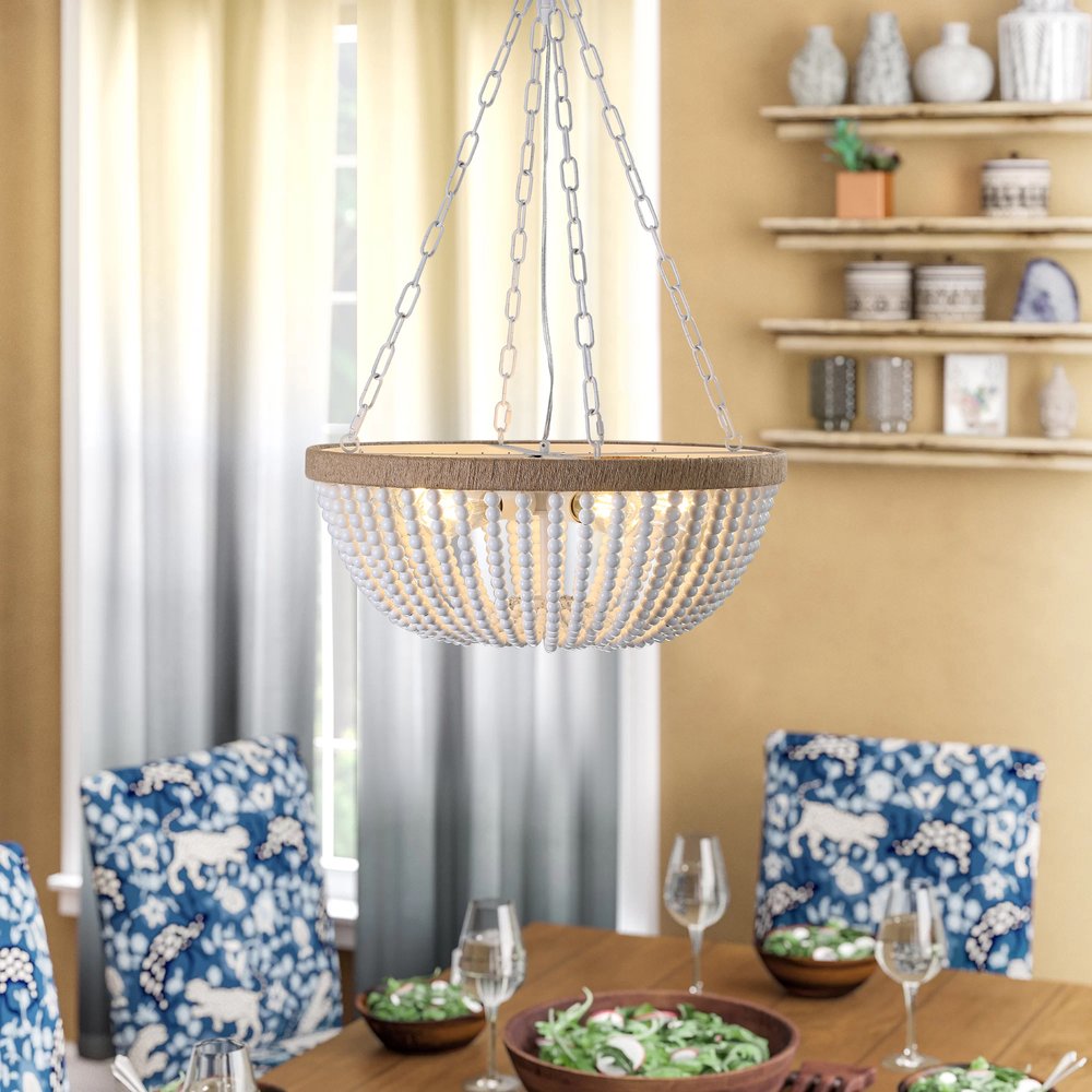 24" White and Brown Metal and Rope Bowl Chandelier