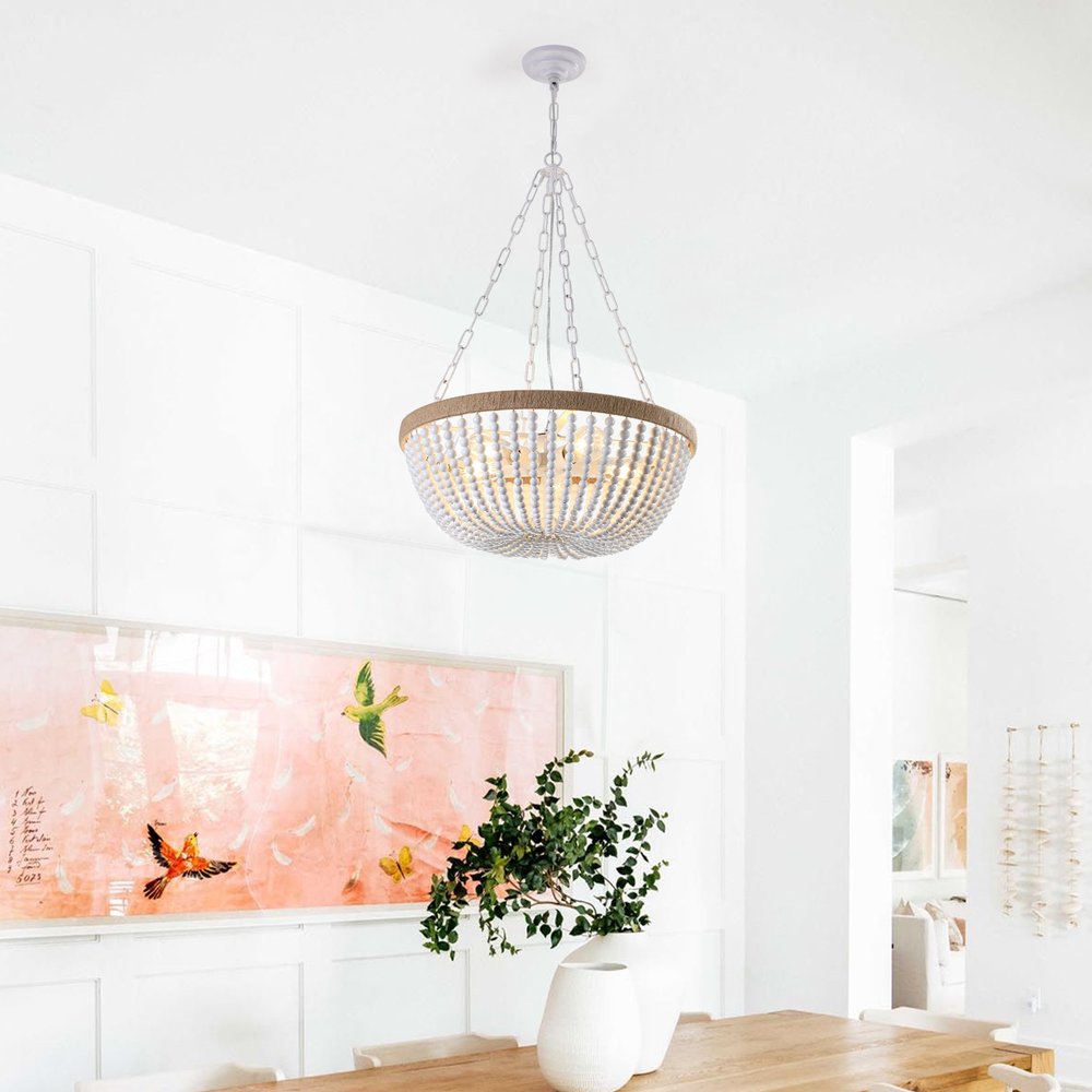 24" White and Brown Metal and Rope Bowl Chandelier