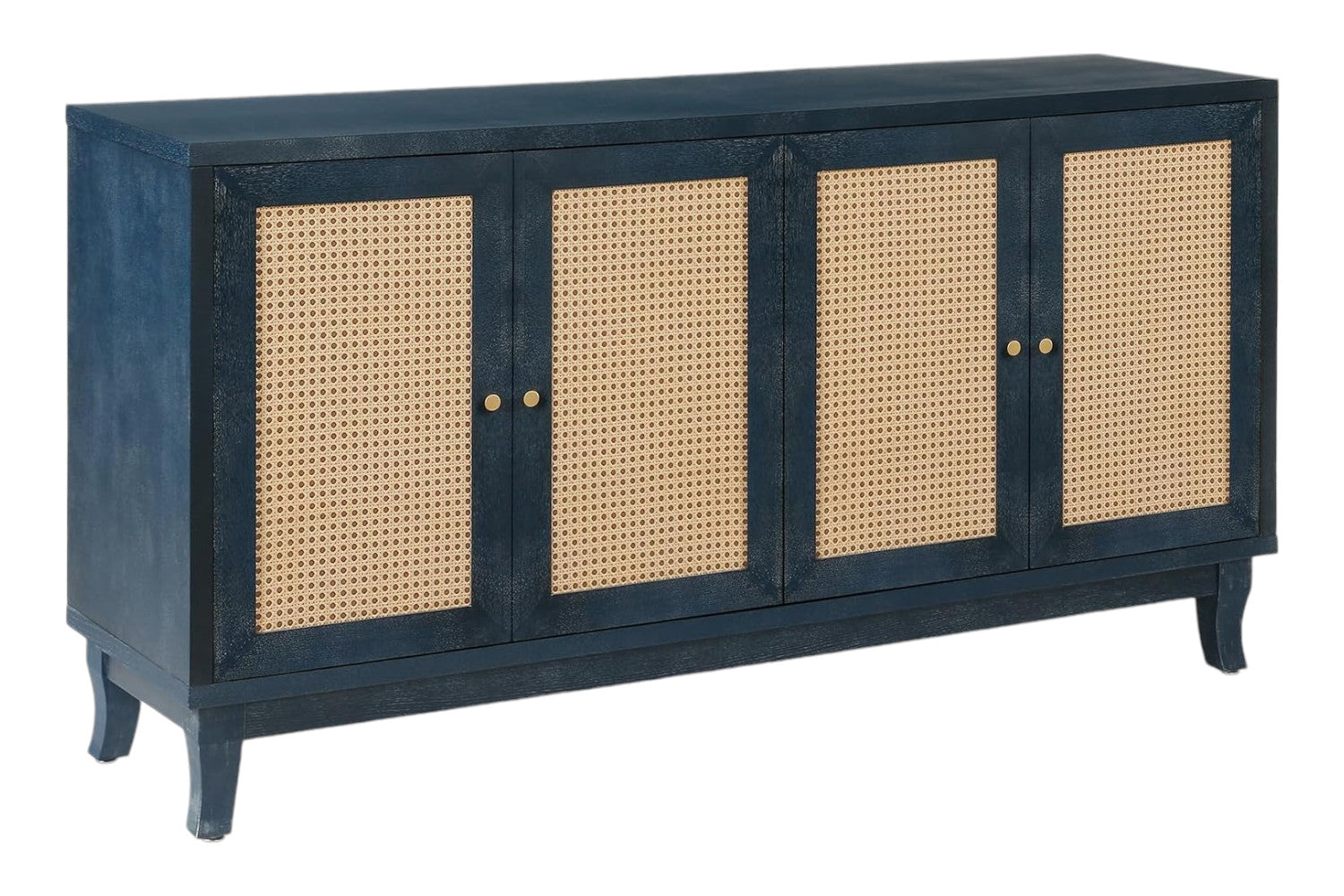 60" Blue Wood and Rattan 4 Door Sideboard
