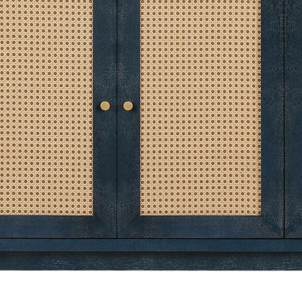 60" Blue Wood and Rattan 4 Door Sideboard