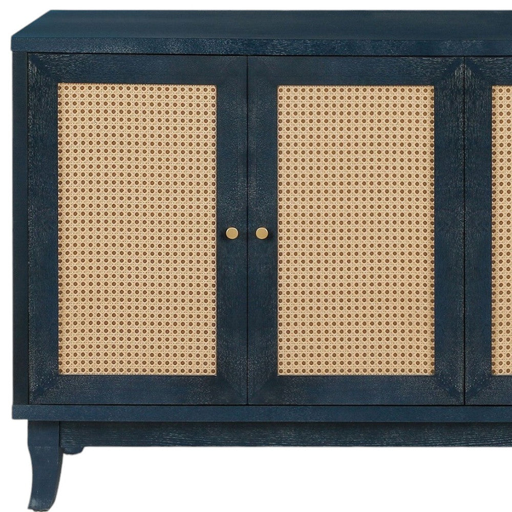 60" Blue Wood and Rattan 4 Door Sideboard