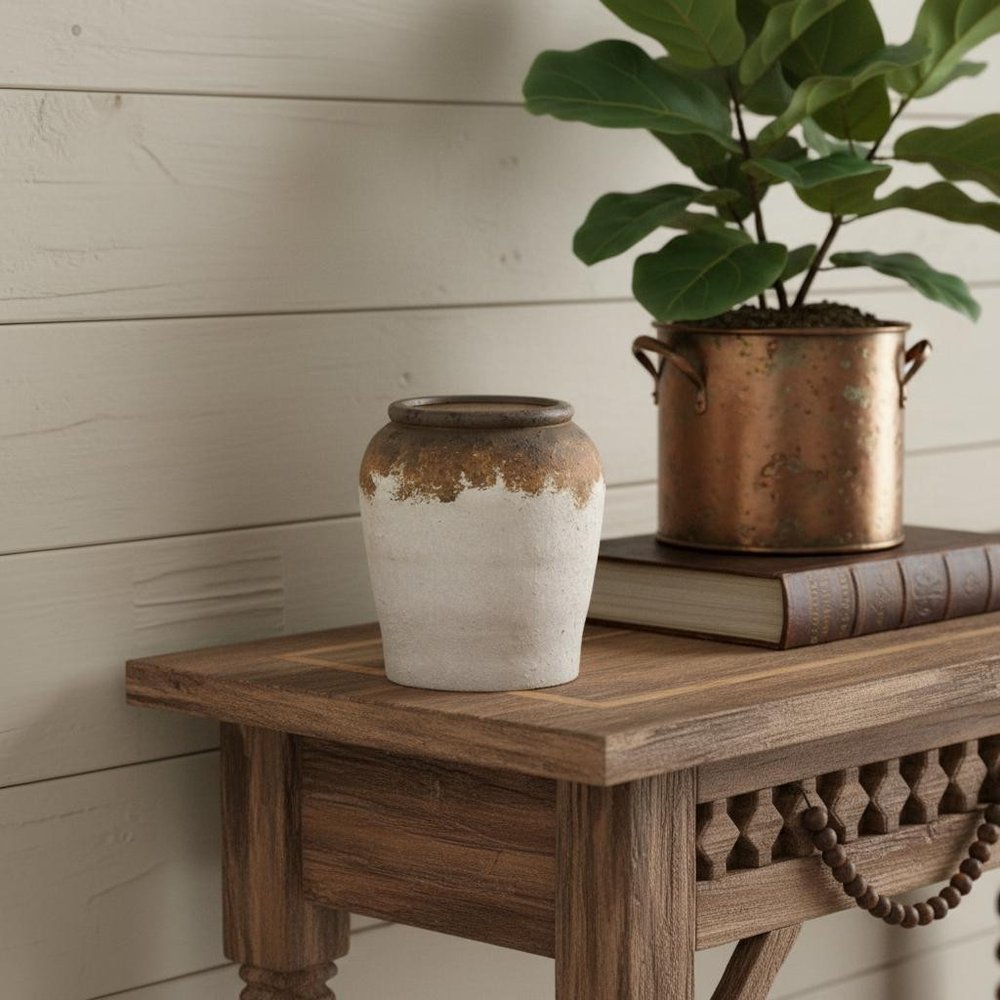 8" Brown and White Ceramic Round Table Vase