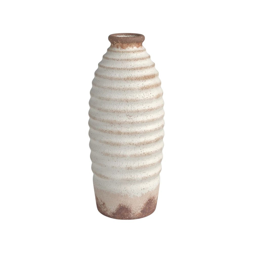 11" Ivory and Brown Faded Cylinder Ribbed Vase