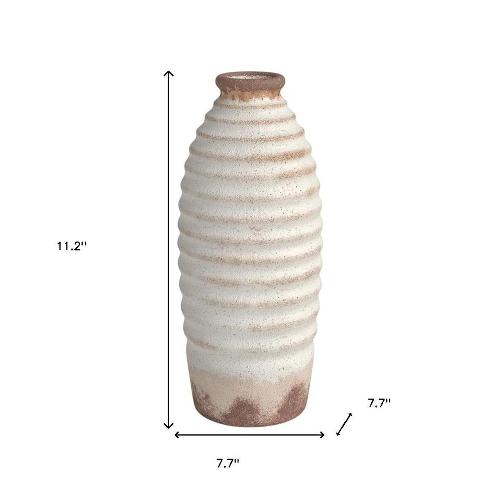 11" Ivory and Brown Faded Cylinder Ribbed Vase