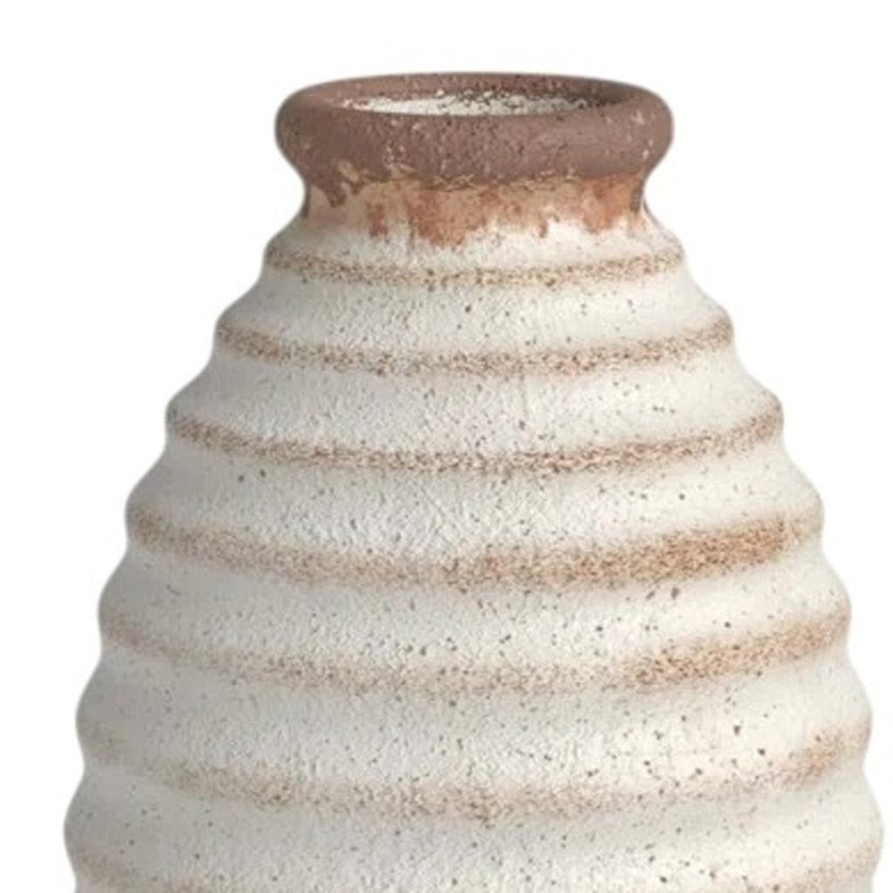 11" Ivory and Brown Faded Cylinder Ribbed Vase