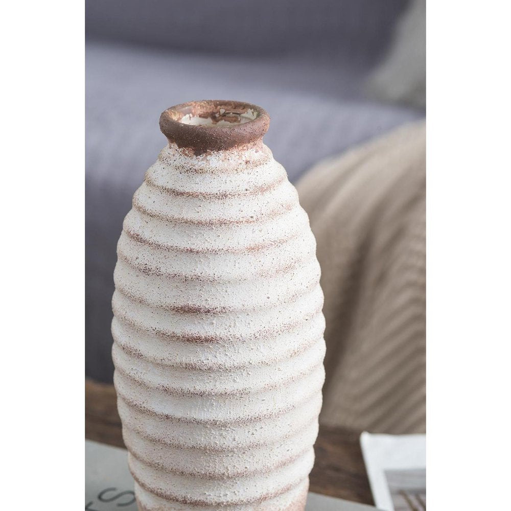 11" Ivory and Brown Faded Cylinder Ribbed Vase