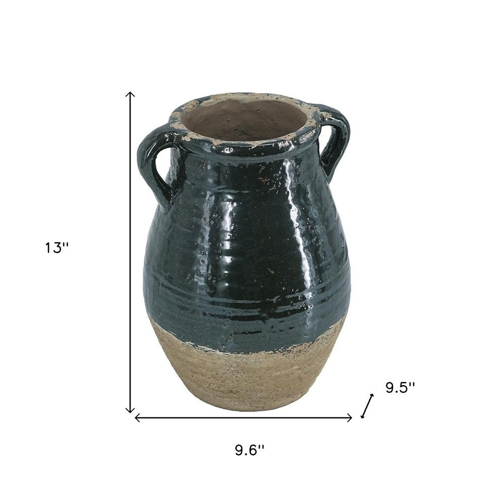 13" Dark Green Terracotta Amphora Jug Vase