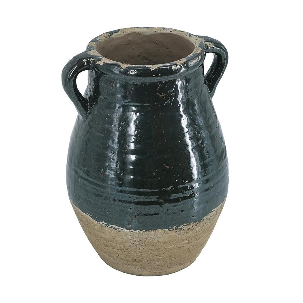 13" Dark Green Terracotta Amphora Jug Vase