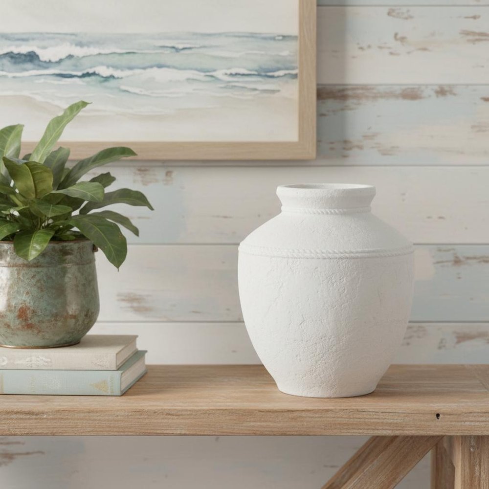 14" White Terracotta Coastal Vase