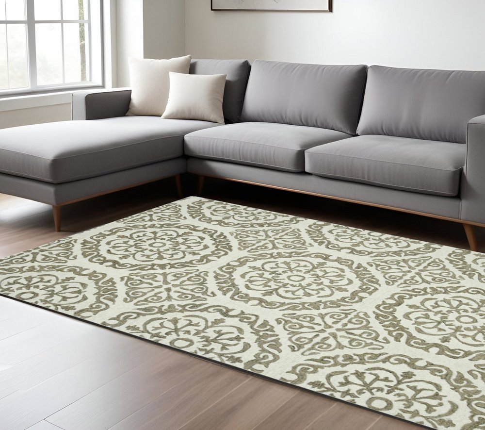 Ivory And Light Brown Wool Medallion Area Rug