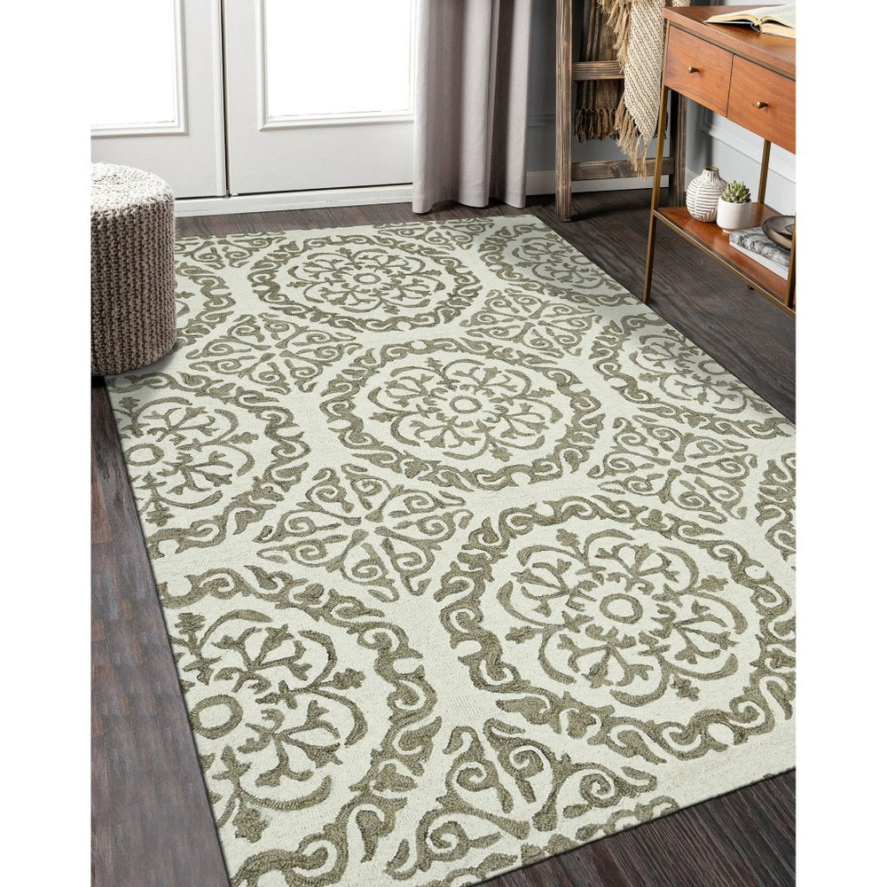 Ivory And Light Brown Wool Medallion Area Rug