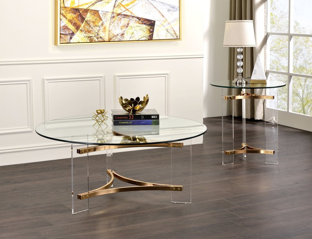 41" Clear and Gold Glass Tri-Base Coffee Table