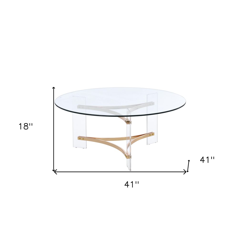 41" Clear and Gold Glass Tri-Base Coffee Table